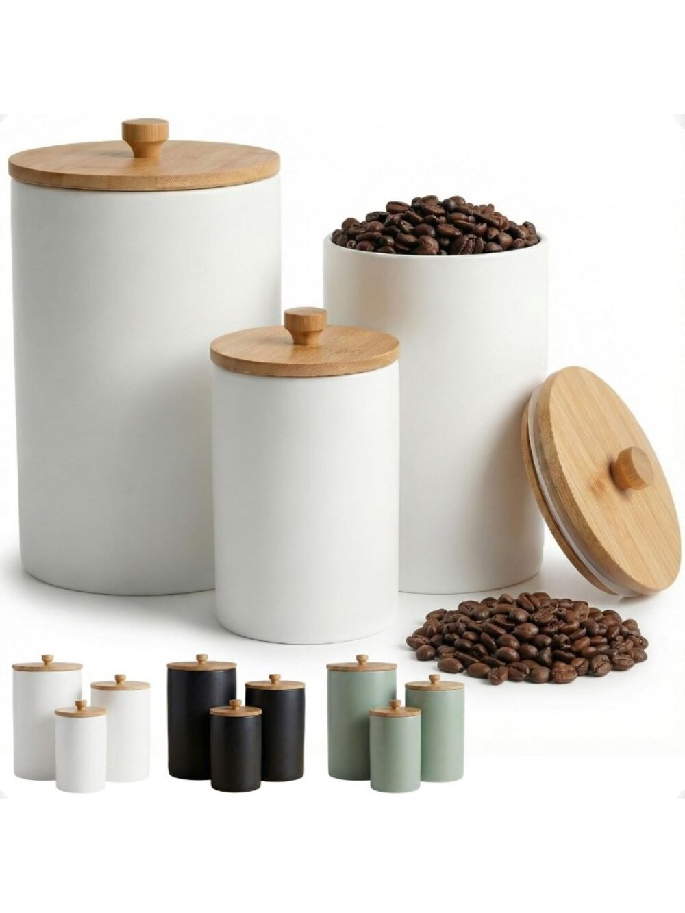 Stylish Ceramic Kitchen Canister Set of 3 with Airtight Bamboo Lids for